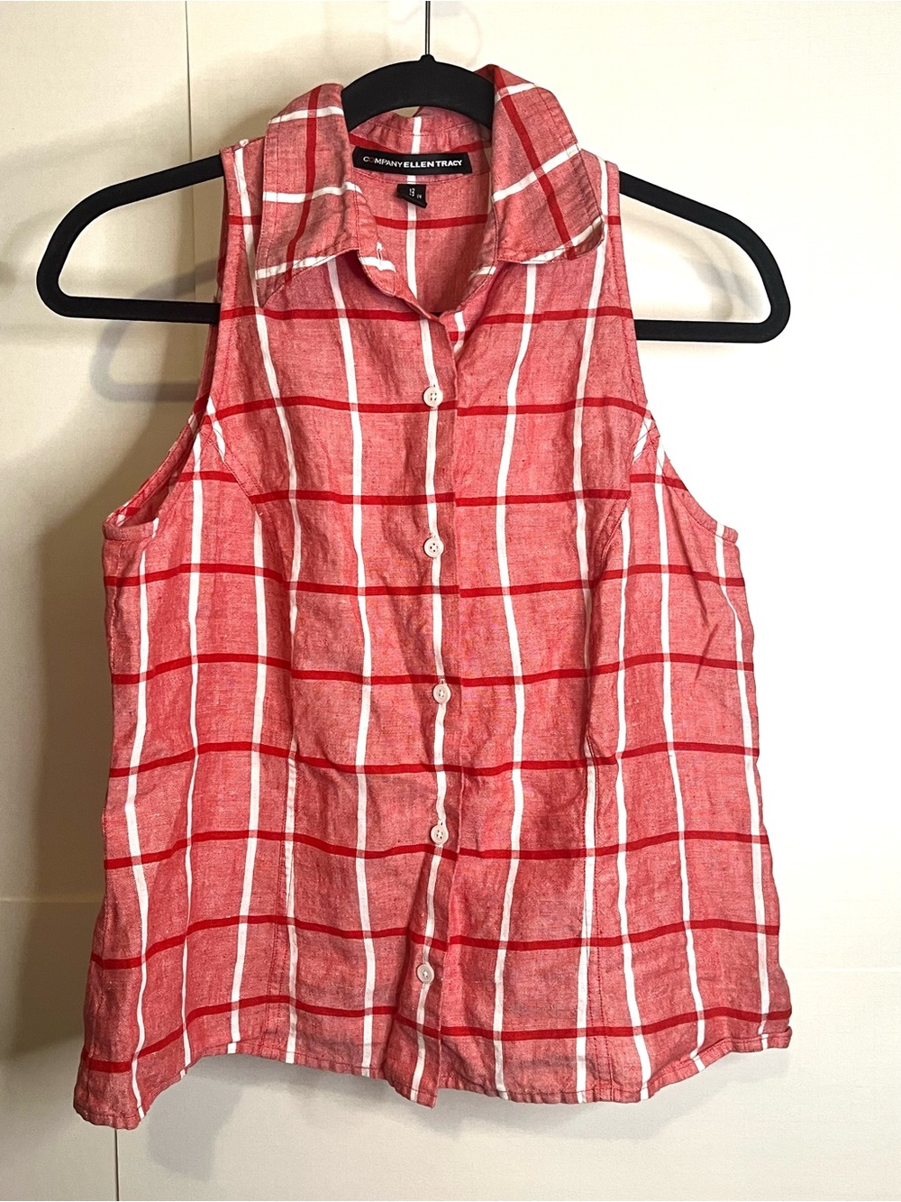 Company Ellen Tracy (VTG 12, Fits 2 - 4) Red & White Plaid Linen Sleeveless Top